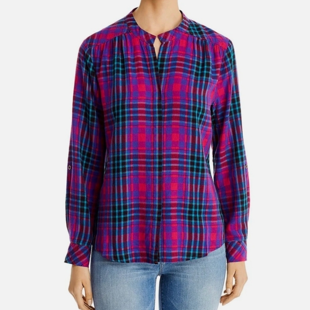 Billy T Women's Collarless Plaid Button-Down Top, Size L